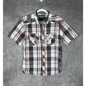 Machine Shirt Mens Size Medium Gray Plaid Button Up Short Sleeve Chest Pockets‎